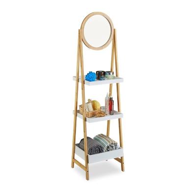 China Sustainable Standing Bamboo Bathroom Storage Living Room Ladder Towel Shelf With Mirror Coat Rack for sale