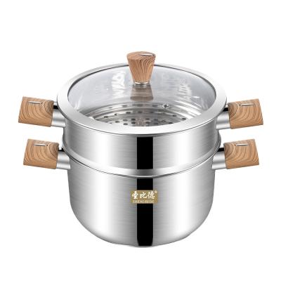 China Sustainable Wholesale High Quality Kitchen Stainless Steel Pot With Wooden Handle, Pot Set With Glass Visual Cover for sale