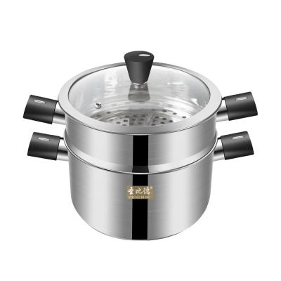 China Sustainable Household Kitchen Double-Layer Stainless Steel Steamer Food Cooking Pot With Handle And Glass Cover for sale