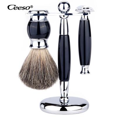 China Twin Blade Hand Razor Set Double Sided Razor Holder, Old Fashioned Manual Beard Knife Badger Hair Foam Brush Holder for sale