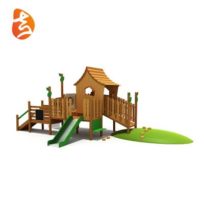 China Outdoor Wooden Playsets Newly Designed Wooden House With Slide For Kids Commercial Playground Equipment for sale