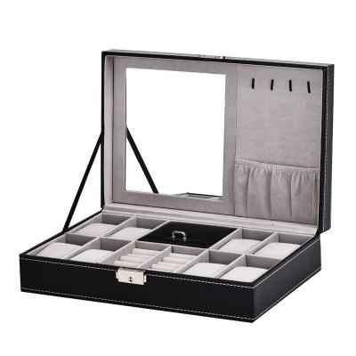 China Leather Promotional 8 Slots Watches Case With 2 PU Slots Black Leather Jewelry Case In Stock 8+2 Watch Jewelry Box With Mirror for sale