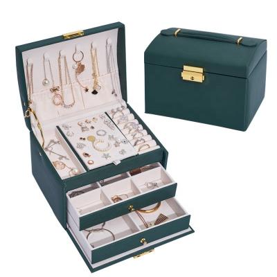 China Luxury New Three-layer Leather Jewelry Box Light Style Drawer Watch Storage Display Storage Box Earring Earrings With Box lock jewelry for sale