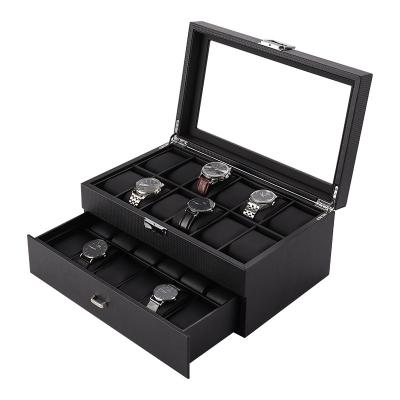 China Vintage Elegant Classic Double Platform 24 Watch Box Carbon Fiber PU Watch Jewelry Box Luxury Watch Storage Box for sale