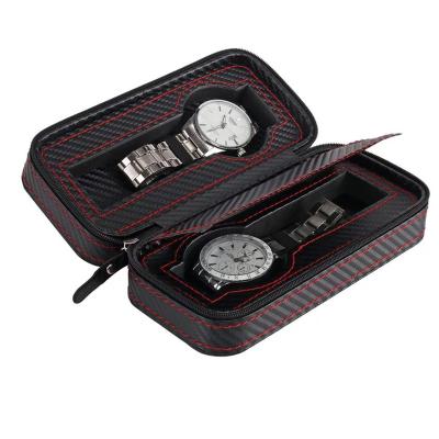 China Carbon Fiber 2 Mesh PU Leather Travel Watch Storage Case Zipper Watch Box Leather Organizer Watch Box for sale