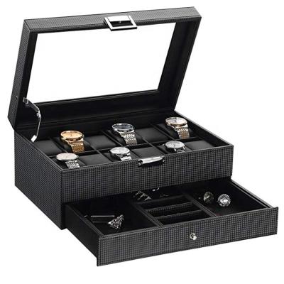 China Vintage Elegant Classic Double Platform 24 Watch Box Carbon Fiber PU Watch Jewelry Box Luxury Watch Storage Box for sale