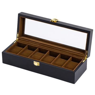 China Classic Elegant Vintage Black Matte Black Painting 6 Slot Watch Box Brown Wooden Watch Storage Box for sale