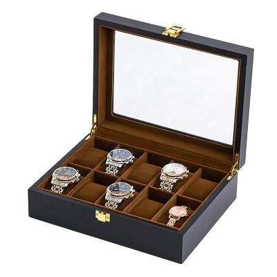 China Coffee 10 Classic Elegant Luxury Vintage Window Wooden Matte Black Watch Box for sale