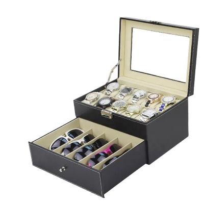 China PU Watch Jewelry Box Window 10 Double Layer Glass Jewelry Box Handmade Leather Watch Box for sale