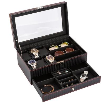 China Handmade Double Layer 12 PU Carbon Fiber Leather Watch Jewelry Box Watch Box for sale