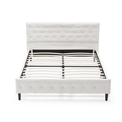 China Durable Natural White PU Leather Button Tufted Platform Metal Bed Frame Metal Bed PU Upholstered Leather Bed for sale