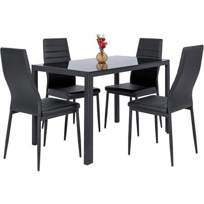 China (Size) 5 Piece Adjustable Kitchen Dining Table Set Glass Top Dinette Black Dining Table Set And 4 Leather Chairs for sale