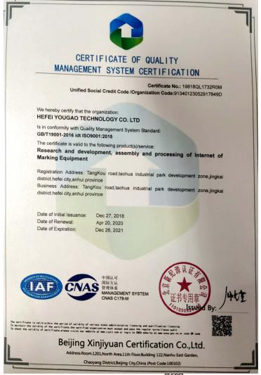 CERTIFICATE OF QUALITY MANAGEMENT SYSTEM CERTIFICATION - Hefei Luox Yougao Technology Co., Ltd.