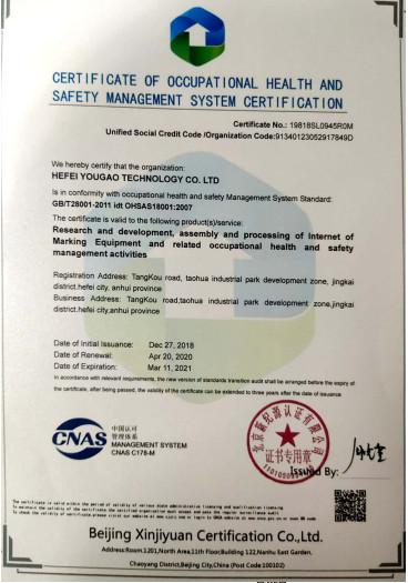 CERTIFICATE OF OCCUPATIONAL HEALTH AND SAFETY MANAGEMENT SYSTEM CERTIFICATION - Hefei Luox Yougao Technology Co., Ltd.