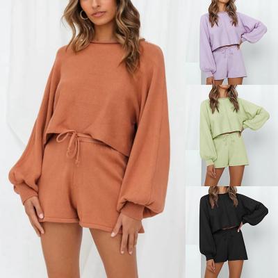 China New Amazon Style QUICK DRY Ladies Lantern Sleeve Sweater Shorts Solid Color Leisure Wear Women's Long Sleeve Home Wear Two Piece Suit for sale