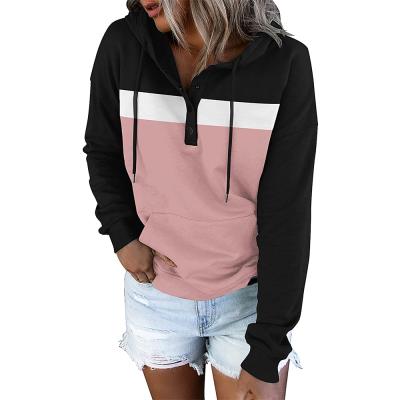 China QUICK DRY Women's Color Blocking Hoodie Button Neck Sweater Long Sleeve Buttoned Drawstring Pullover Tops With Pockets for sale