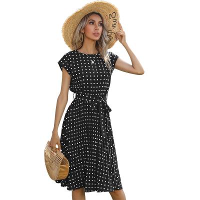 China Breathable Crew Neck Swing Midi Dress With Dot Base Outside Printing Dress Club Loose Belt Party Dress for sale