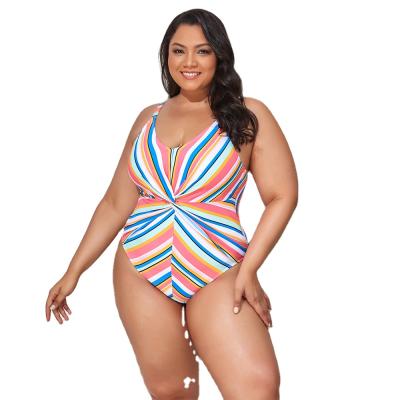 China Viable Tropical Sisters Plus Size Swimwear Women's Backless Front Swimsuit One Piece Swimwear Striped Twist Top Swimwear for sale