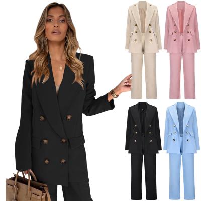 China Solid Color Breathable Elegant Wear Polyester Large Lapel Double Row Button Suit Coat Casual Straight Pant Suit for sale