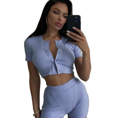 China New solid color sports fitness breathable casual two-piece suit with buttons European and American style women's clothing for sale