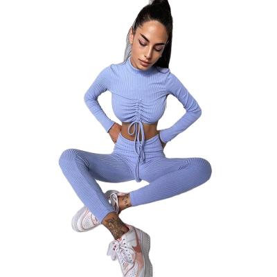 China New Foreign Trade Breathable Solid Color Long Sleeve Wrinkle Drawstring Sports Yoga Suit For Women for sale