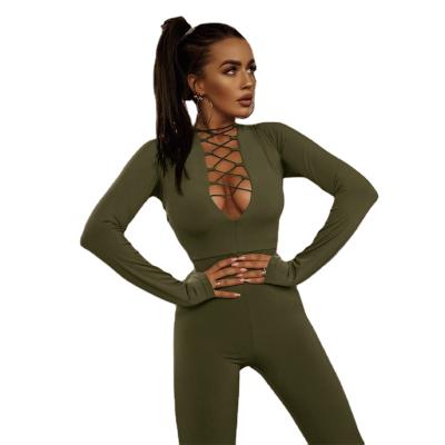 China Sports 2022 New Breathable Spring V-Neck Long Sleeve High Waist Tight Hip Fitness Lifting Overalls For Women for sale