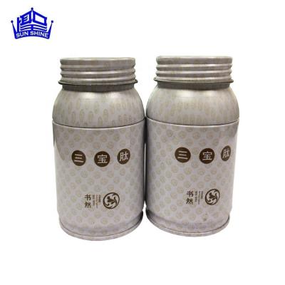 China Dongguan Recycled Materials Round Bottle Tin Boxes With Screw Lid For Capsule Pill Medicine Packing Round Tin Candy Boxes for sale