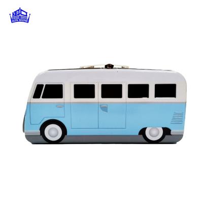 China Customized Blue Car Bus Rectangle Tin Can Shape Stockpile Money Candy Cookie Food Recyclable Tin Box for sale