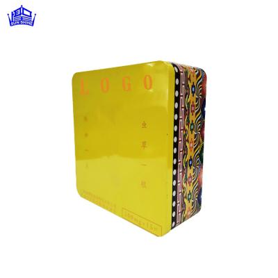 China Recyclable Customized Packing Yellow Healthcare Tin Box Gift Candy Health Care Product Square Tin Box for sale