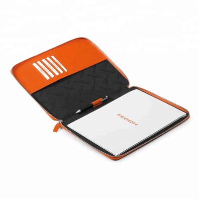 China Fancy orange leather A4 zipper office business document zipper PU leather folder with notepad for sale