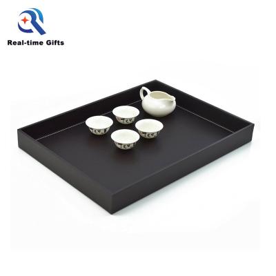 China Serving For Bars High Grade Rectangular Black Faux Leather Serving Tray For Tea for sale