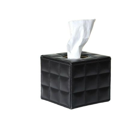 China Vintage Style Square Black Handmade Waterproof Easy Cleaning High Quality Leather Tissue Box for sale