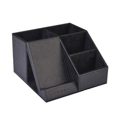 China Vintage Handmade Multifunctional Durable Black Leather Office Container Solid Office Pen Container for sale