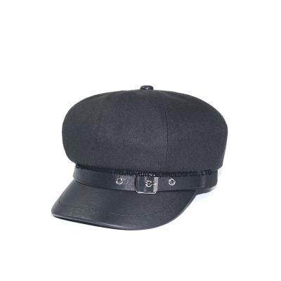 China European and American Style Custom 8 Panel Swept Black French Cotton Hats Leather Strap Beret Hat For Women for sale