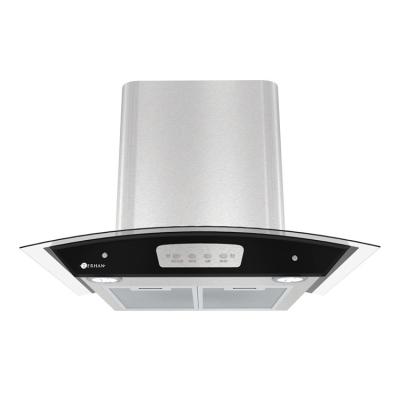 China Exterior Curved Tempered Glass and Stainless Steel Kitchen Range Hood Duct Cooker Hood for Cooking for sale