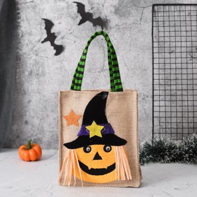 China 26*15cm Linen Handbag Halloween Theme Candy Gift Bag Witch Pumpkin Black Cat Skull for sale