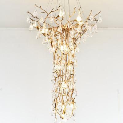 China MEEROSEE Hotel Brass Crystal Long Chandelier Hanging Light Fixture Large Tree Post Modern Branch Chandelier for High Ceiling MD87001 for sale