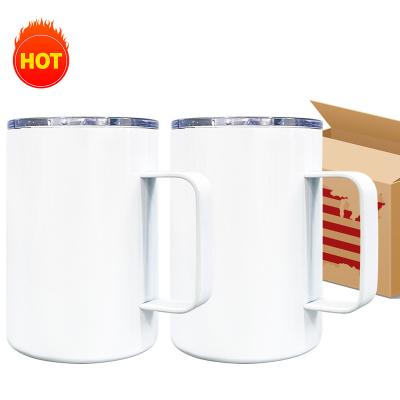 China Viable USA Warehouse Free Shipping 12oz Coffee Travel Mug Vacuum Insulated Sublimation White Camp Mugs With Handle And Slide Lids for sale