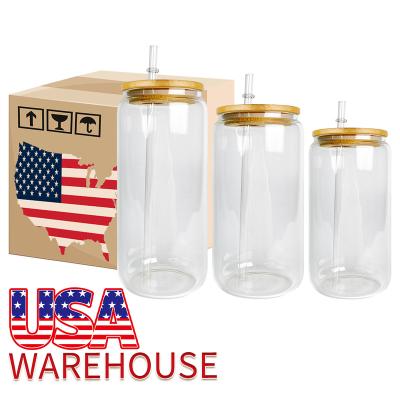 China USA Warehouse 12oz 16oz 20oz Sublimation Blanks Beer Glass Box 16oz Viable Clear Frosted Beer Can Shaped Glass With Lid And Straw for sale