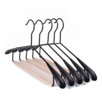 China Wholesale Black Non Slip Coat Wide Leg Pants Coat Hanger Beech Wood Wide Metal Hanger with Metal Hook for sale