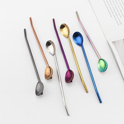 China New Viable 304 Stainless Steel Color Coffee Juice Ice Cream Straw Oval Mixing Spoon for sale