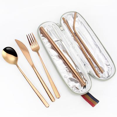 China Sustainable Reusable 304 Stainless Steel and Metal Straw Portable Travel Cutlery Set Office Utensil with Case for sale