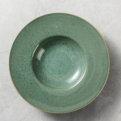 China Wholesale Safe Porcelain Rim Soup Plate Wide Juicy Rustic Reactive Stain Green Ceramic Japanese Dishes Guangzhou Micrreactive for sale