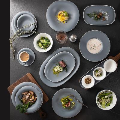 China Viable Stoneware Dish Dish Bowl Dinnerware Vajjila Geschirr Dinnerware Set Gray Nordic Irregular Ceramic Dinner Set for sale