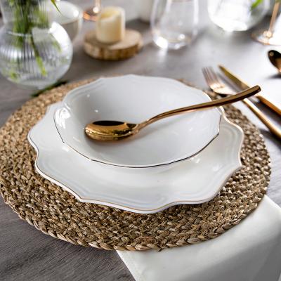 China Viable Wholesale Stoneware Feasting Unique Shape Soup Dish 8 Inch Gold Rim Elegant Embossing Soup Dish Bright White Party Ceramic for sale