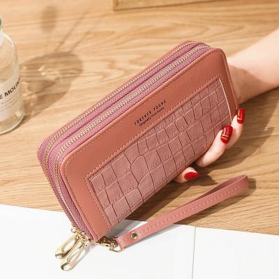 China Waterproof Long Wallet Double Zipper Ladies Grab Bags Wholesale Women Pinch Stone Pattern Large Capacity PU Bags for sale