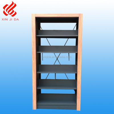 China Commercial furniture single/double side bookcase book rack/steel shelves with wood heat transfer print for sale