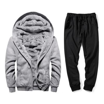 China Autumn and winter breathable velvet sports pants and thick men's solid color hooded coat loose two sets for sale