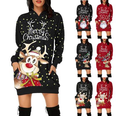 China 2021 European and American Women's Long Sleeved Hoodie Dress Anti-wrinkle Christmas Printed Sweater A-Line Skirt In Stock for sale