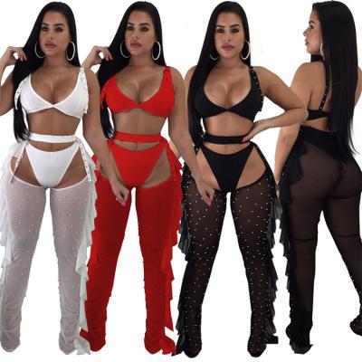 China X2047-sexy breathable bra and panty sets luxury beading ruffled pants mesh 3 piece set women clubwear for sale